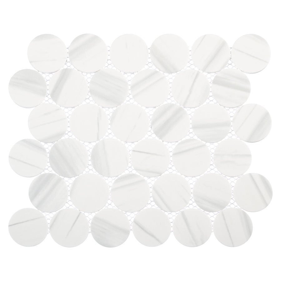 The Orbesque Round Glass Mosaic Tile in Planium features white circular glass tiles with subtle gray veining, arranged in an orbital pattern on a white mesh backing.