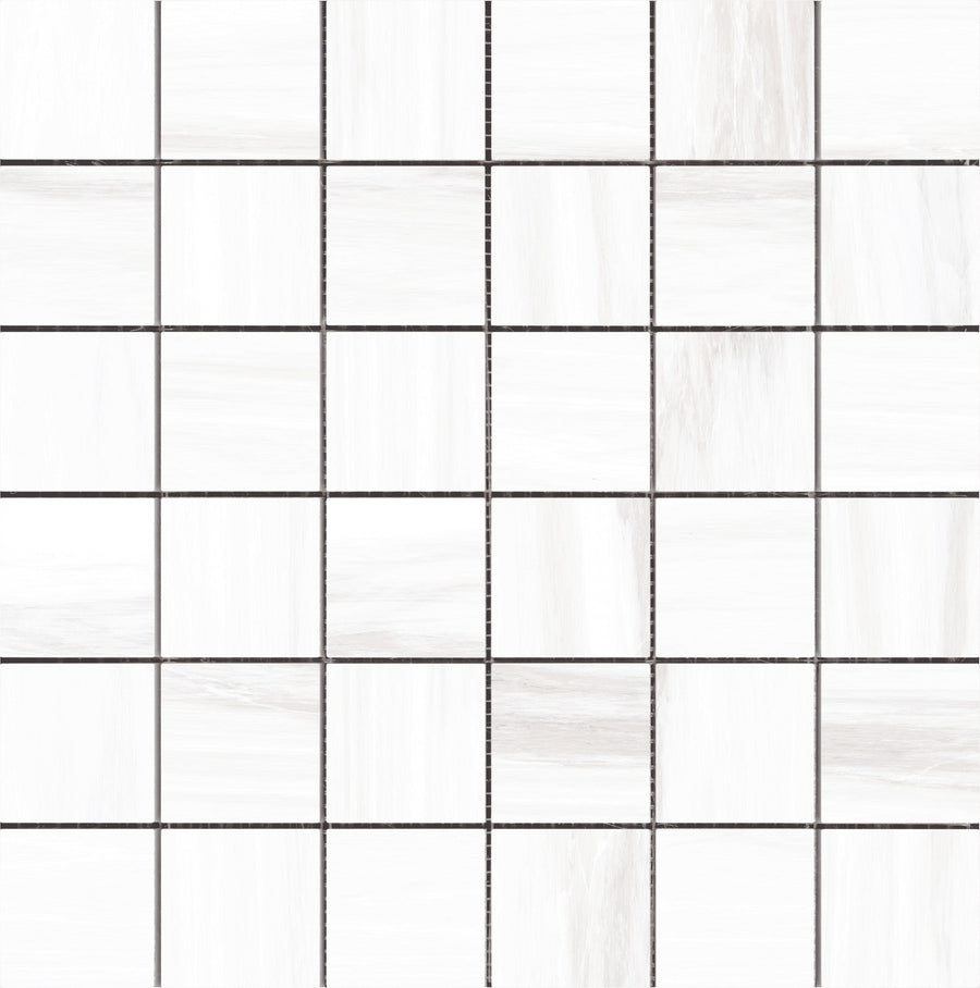 Ontario 2x2 Mosaic Porcelain Tile features white porcelain with subtle gray veining and thin dark grout lines, creating a clean, minimalist marble look—ideal for those wanting premium floor tiles with elegant style.