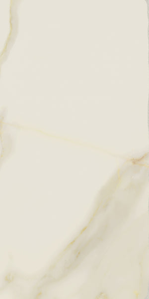 The VersaTILE 8x16 Glazed Porcelain Tile in Calacatta Gold features a light cream surface with subtle, thin gold and beige veins running diagonally, creating a smooth, elegant luxury look.