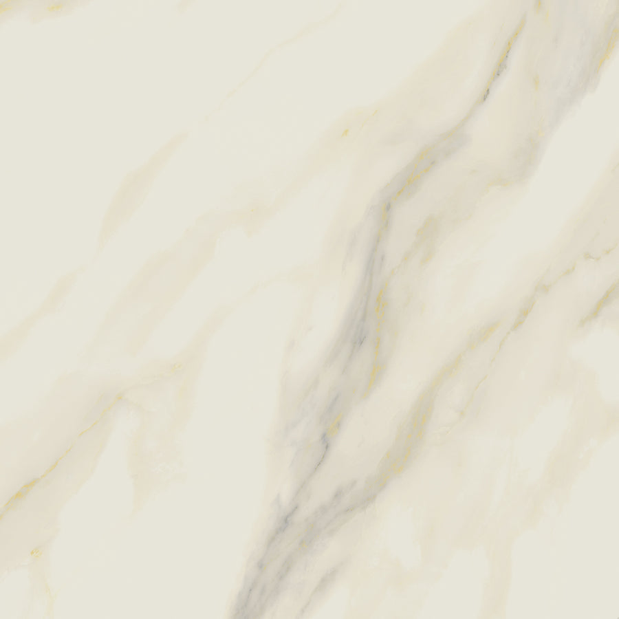 The VersaTILE 16x16 Glazed Porcelain Tile in Calacatta Gold features a white marble texture with light gray and gold veining, offering an elegant, smooth natural stone look with durable performance.