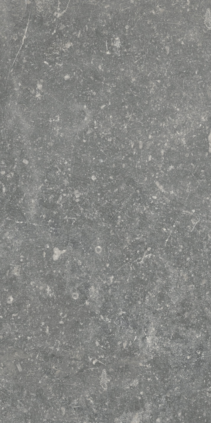 A close-up of the VersaTILE 8x16 Glazed Porcelain Tile in Pyreneese Summit shows a grey stone look with white specks, tiny pits, and subtle patterns, lending this luxury tile a textured, weathered finish.