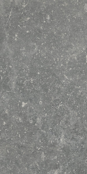 A close-up of the VersaTILE 8x16 Glazed Porcelain Tile in Pyreneese Summit shows a grey stone look with white specks, tiny pits, and subtle patterns, lending this luxury tile a textured, weathered finish.