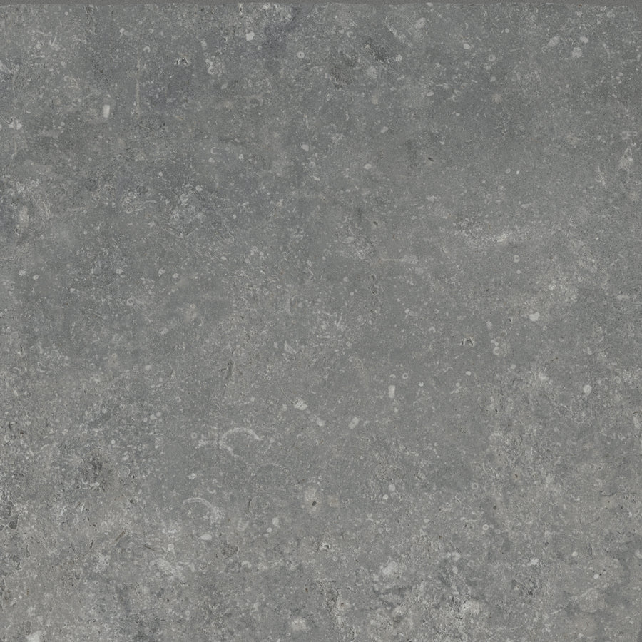 A close-up of the VersaTILE 16x16 Glazed Porcelain Tile in Pyreneese Summit shows a gray surface with a textured, speckled pattern of white and dark spots, evoking the look of natural concrete or granite.