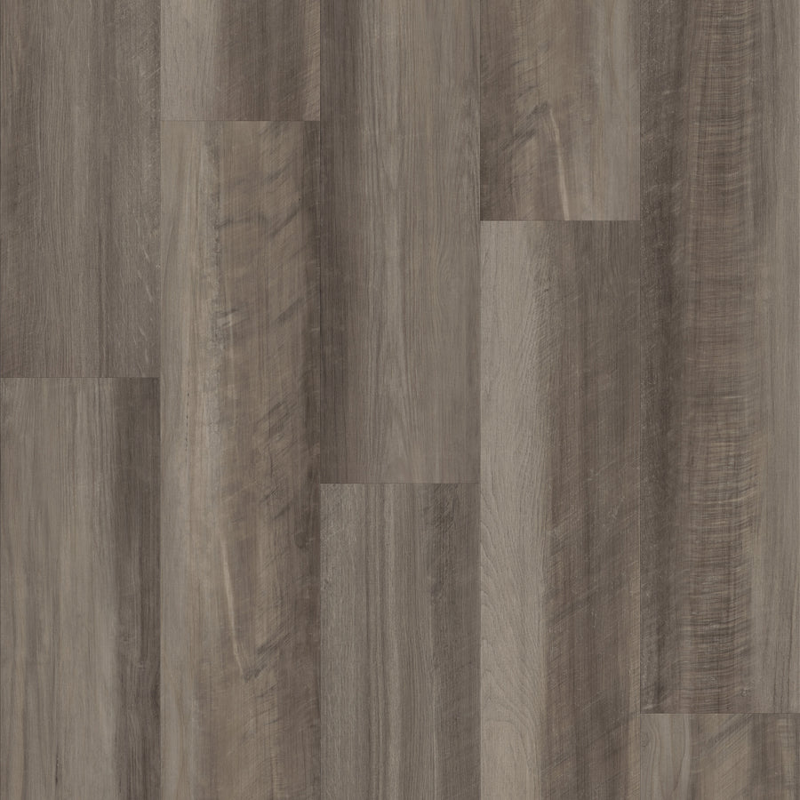 Close-up of Endura 5C Plus 7" Vinyl, showcasing realistic wood grain texture with rectangular planks in varying brown and gray shades and subtle color variations.