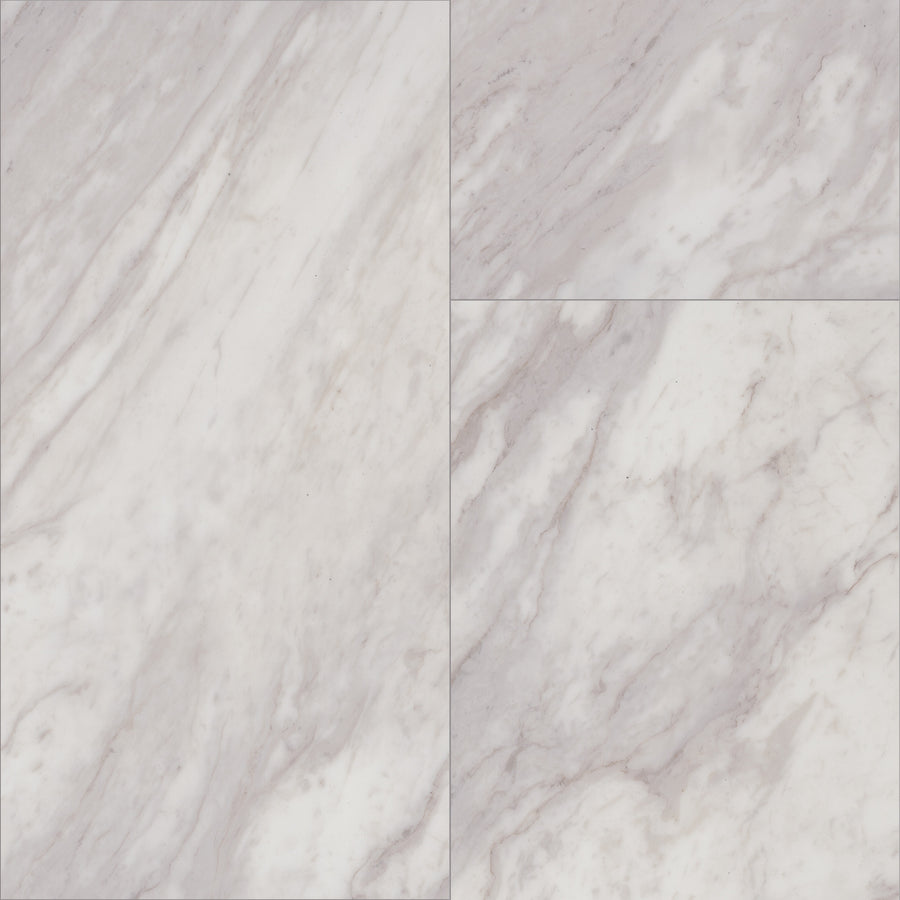 Close-up of four Paragon Tile Plus Vinyl tiles arranged in a grid. They feature a smooth, polished surface with gray veining and natural, marble-like swirling patterns for an elegant look.