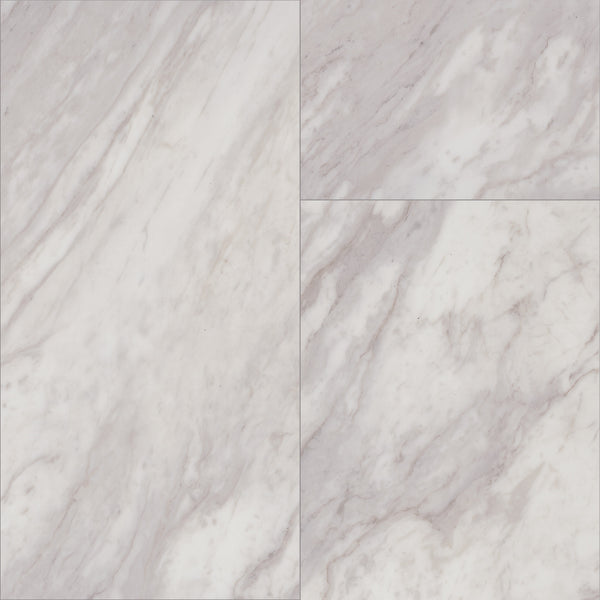 Close-up of four Paragon Tile Plus Vinyl tiles arranged in a grid. They feature a smooth, polished surface with gray veining and natural, marble-like swirling patterns for an elegant look.