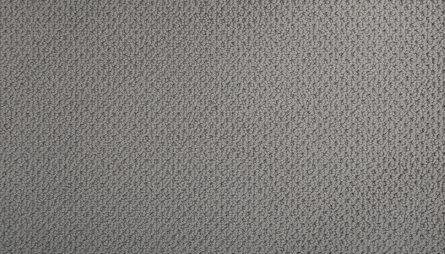 Close-up of Flourishing Loops Family Friendly Carpet shows its textured gray, looped pile pattern with uniform, tightly woven fibers for an elegant look. The soft surface has subtle shade variations and a gentle sheen.