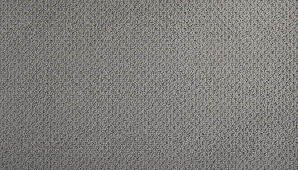 Close-up of Flourishing Loops Family Friendly Carpet shows its textured gray, looped pile pattern with uniform, tightly woven fibers for an elegant look. The soft surface has subtle shade variations and a gentle sheen.