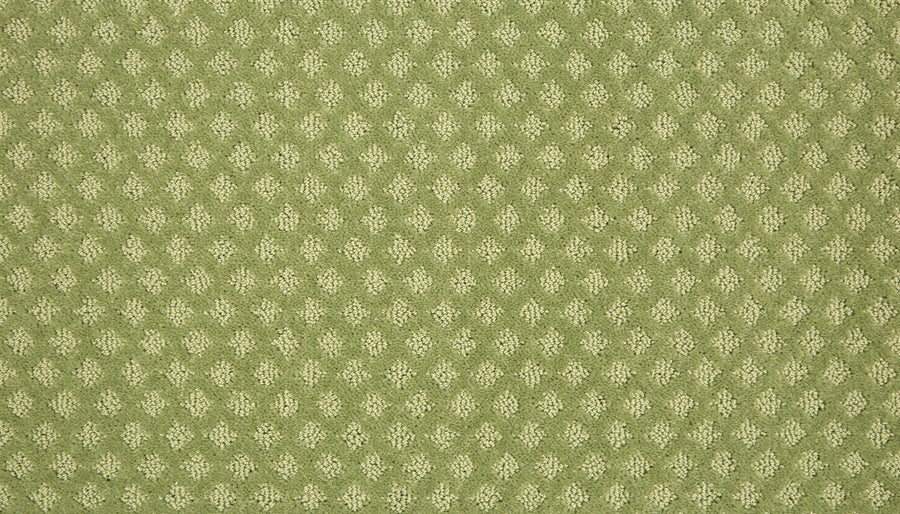 The Retro Revival Pet Friendly Carpet features green textured fabric with a repeating pattern of small, raised diamond or oval shapes for a subtle, quilted look.