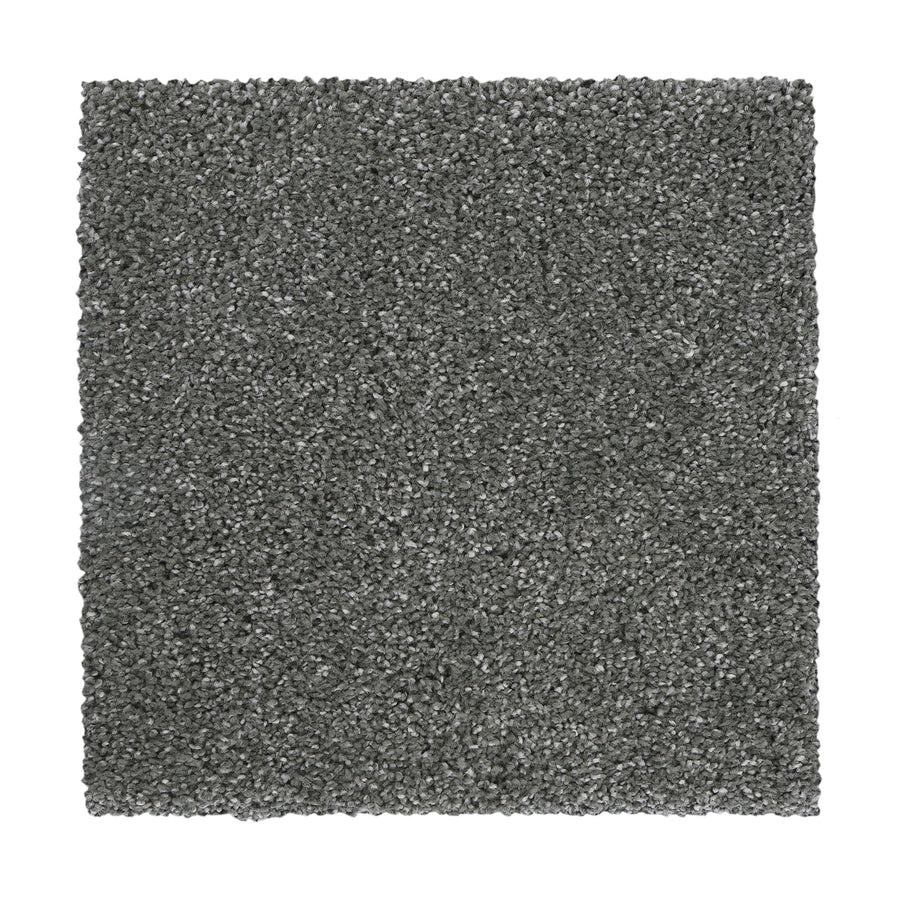 A square sample of Delicate Tones II Pet Friendly Carpet shows its soft, tightly woven gray texture against a white background—an elegant, stylish, and pet-friendly choice for those seeking luxury carpeting.