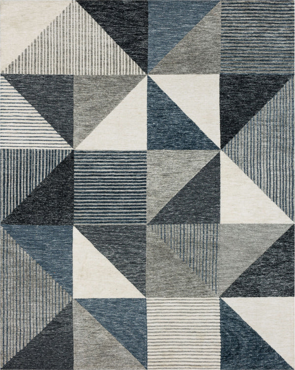 The Bowen Oblique Area Rug showcases a geometric grid of blue, gray, and white triangles—some solid, some striped—for a bold modern look that complements any contemporary space.