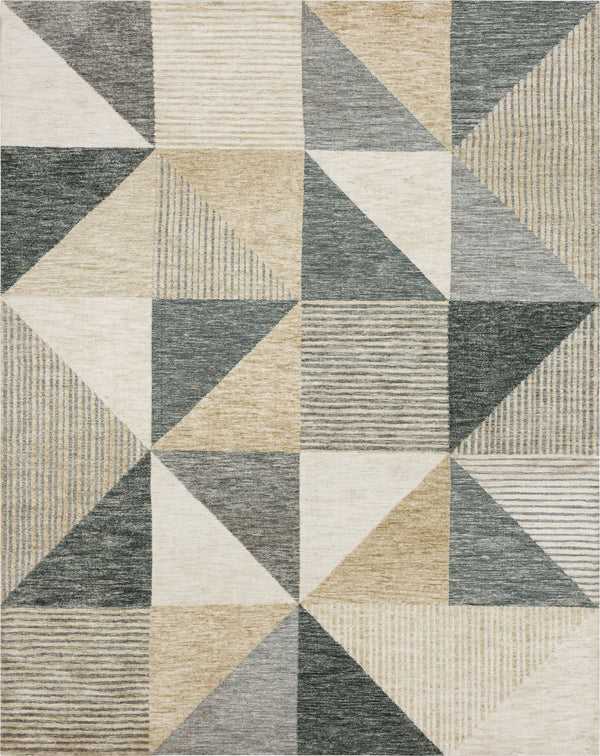 The Bowen Oblique Area Rug showcases a modern, abstract geometric pattern in beige, gray, and cream with striped textures for added elegance and a symmetrical design.