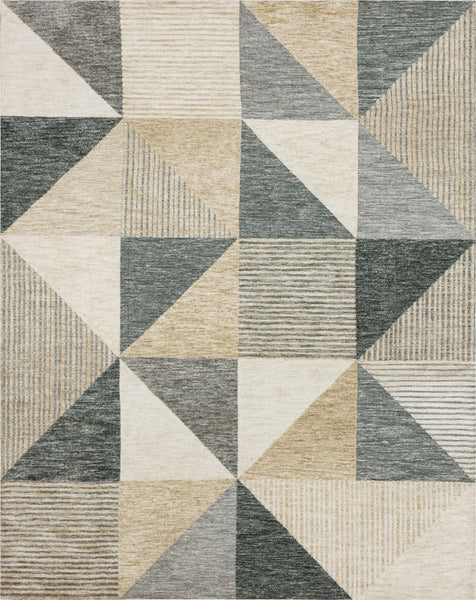 The Bowen Oblique Area Rug showcases a modern, abstract geometric pattern in beige, gray, and cream with striped textures for added elegance and a symmetrical design.