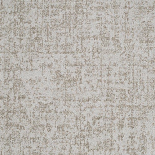 A close-up view shows the Hollywood Nights On Trend Carpet in Obsecure, featuring a mottled light gray and beige pattern that delivers premium durability with a subtle, abstract, and slightly distressed look.