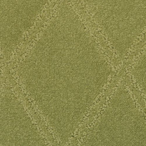 Close-up of Braided Opulence Berber Carpet in Olivia color, showcasing a textured green surface with raised lines forming large diamond patterns against a flat background.