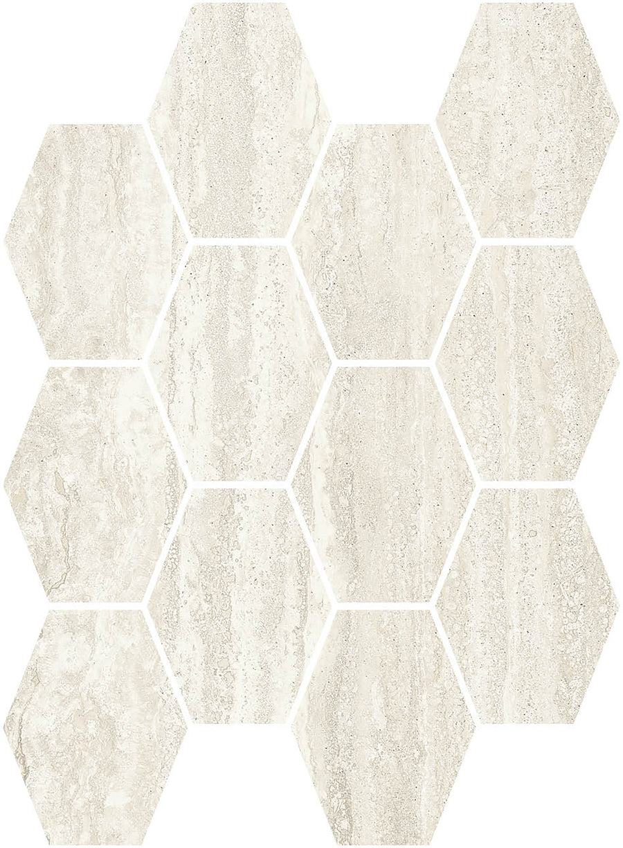The Villanova Hexagon Mosaic Tile features a beige, marble-look porcelain with natural graining in neutral tones and a honeycomb pattern, shown on a white background.