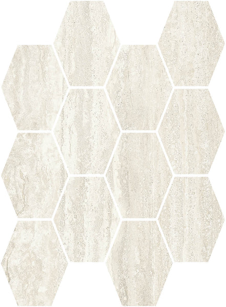 The Villanova Hexagon Mosaic Tile features a beige, marble-look porcelain with natural graining in neutral tones and a honeycomb pattern, shown on a white background.