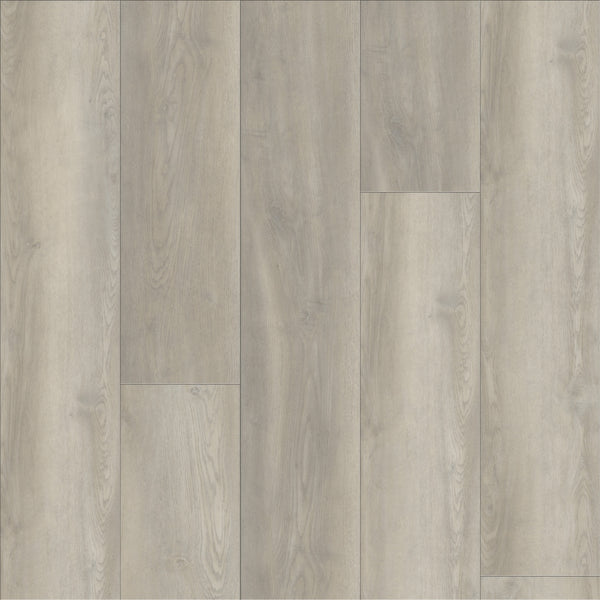 Coretec Plus Premium Vinyl features light gray panels with subtle wood grain patterns and natural knots, arranged in a staggered layout. Its smooth, matte finish offers modern style and durable flooring performance.
