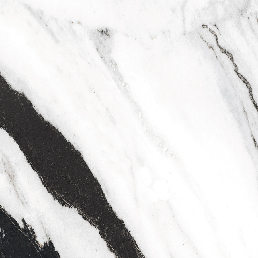 White marble surface with contrasting black and gray veins running diagonally, creating a sleek and natural stone pattern.