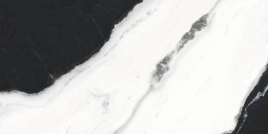 Marble surface with a bold contrast of black and white veining. The white streak runs diagonally across the image, surrounded by dark and light gray details, giving a natural and elegant texture.