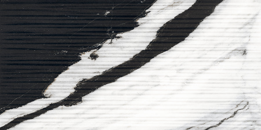 Close-up of a black and white marble surface with diagonal streaks. The dark area contrasts sharply with lighter, textured lines running across the image, creating a striking, natural pattern.