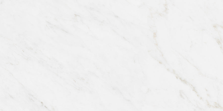 The Mykonos 12x24 Glazed Porcelain Tile features a white marble look with soft gray veining and natural patterns, offering a smooth texture that brings timeless elegance and sophistication to any interior space.