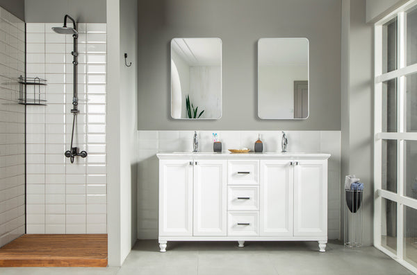 Modern bathroom with a walk-in shower, white tiles, wooden floor, Isabel 60
