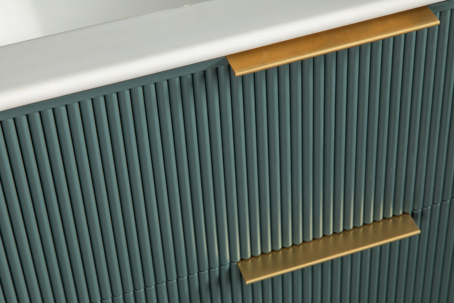 A close-up of a teal cabinet with vertical grooves and two gold horizontal handles, highlighting the textured pattern and modern design.