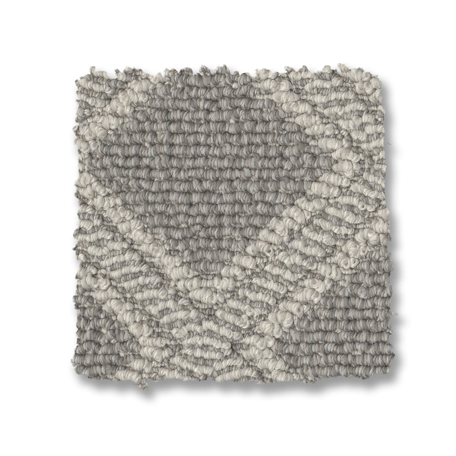 Scout Pet Friendly Carpet is a square, diamond-patterned sample with a looped texture, gray base, and off-white accents. Durable and modern, it's perfect for homes seeking stylish, pet-friendly carpet options.