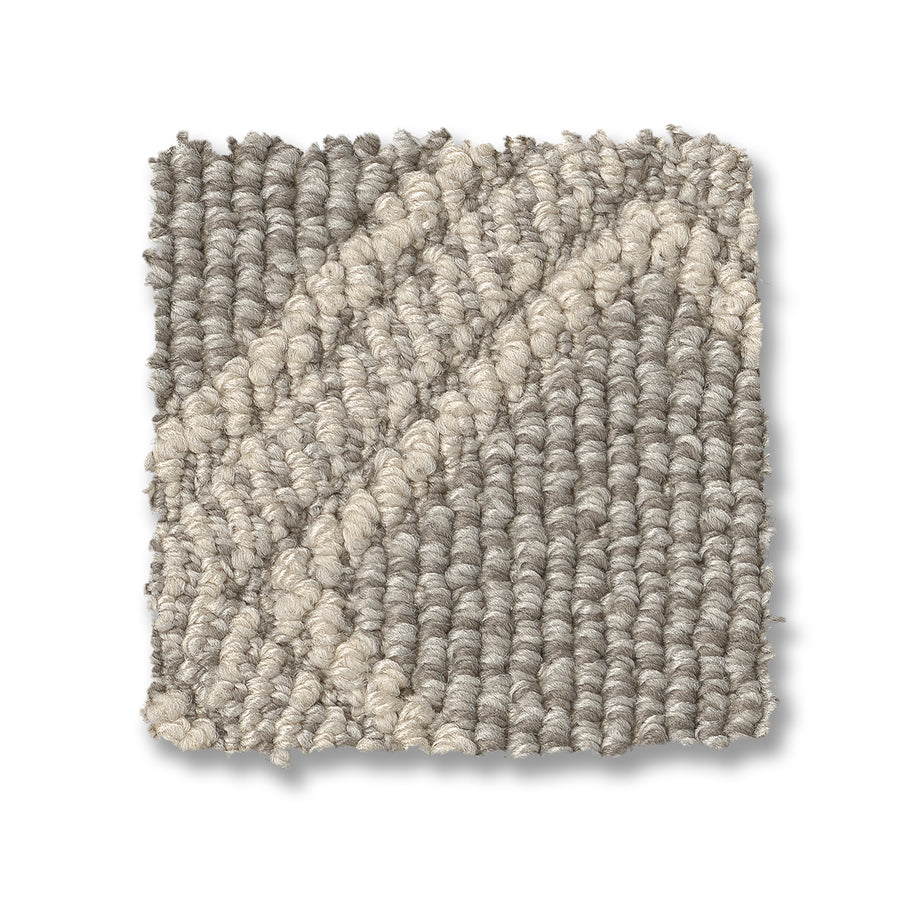 Scout Pet Friendly Carpet swatch in light grey features thick, looped yarn and a subtle off-white diamond pattern, displayed on a white background.