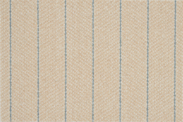 Close-up of the Pacific Stripe On Trend Carpet in Maize, showing beige textured fabric with diagonal lines and evenly spaced vertical blue stripes for a subtle herringbone effect and modern style.