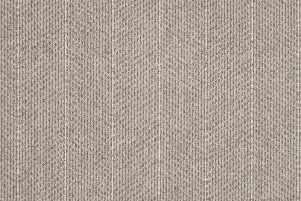 Close-up of Pacific Stripe On Trend Carpet in Quartz, showcasing a beige contemporary herringbone texture with evenly spaced vertical white stripes for a modern, striped look.