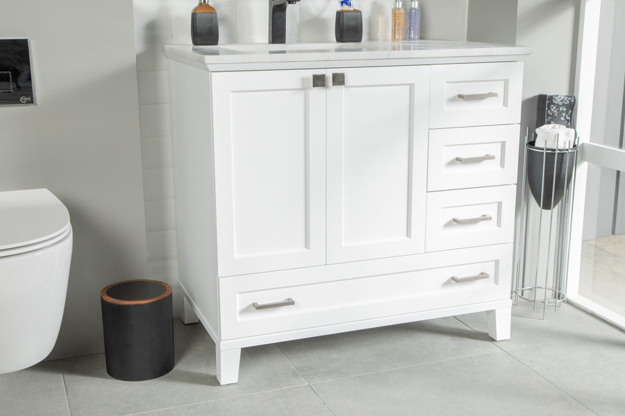 White bathroom vanity with a marble countertop, four drawers, and two cabinet doors. Next to it is a waste bin, a toilet, and a metal stand holding spare toilet paper rolls and a tissue box.