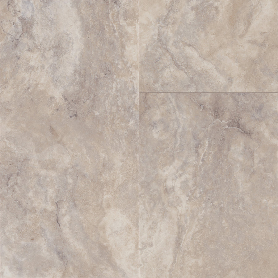 Paragon Tile Plus Vinyl offers light beige tiles with subtle gray and cream veining, a natural stone texture, and slight color and pattern variations across each tile.