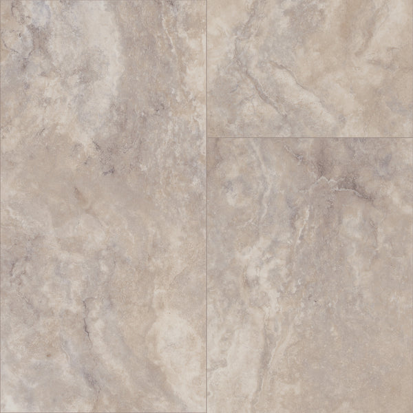 Paragon Tile Plus Vinyl offers light beige tiles with subtle gray and cream veining, a natural stone texture, and slight color and pattern variations across each tile.