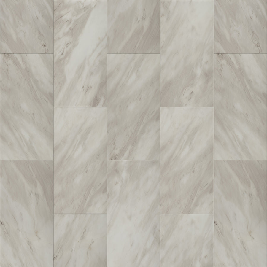 Coretec Plus Tile Luxury Vinyl Tile features rectangular tiles in a staggered layout with a light gray and white marble texture and subtle veining, creating waterproof flooring that adds elegant, natural stone style to any space.