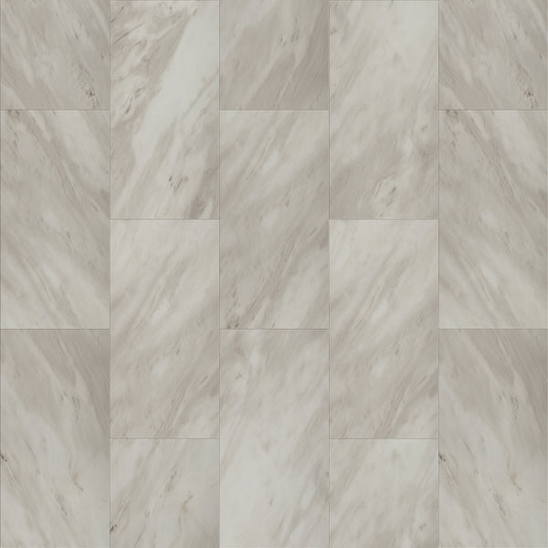 Coretec Plus Tile Luxury Vinyl Tile features rectangular tiles in a staggered layout with a light gray and white marble texture and subtle veining, creating waterproof flooring that adds elegant, natural stone style to any space.