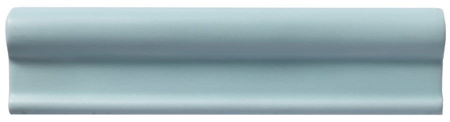 The Zephyr 2x8 Rail Molding Ceramic Tile features a light blue Mediterranean look with a rounded bullnose edge and glossy finish—handcrafted luxury for elegant spaces, shown on a white background.