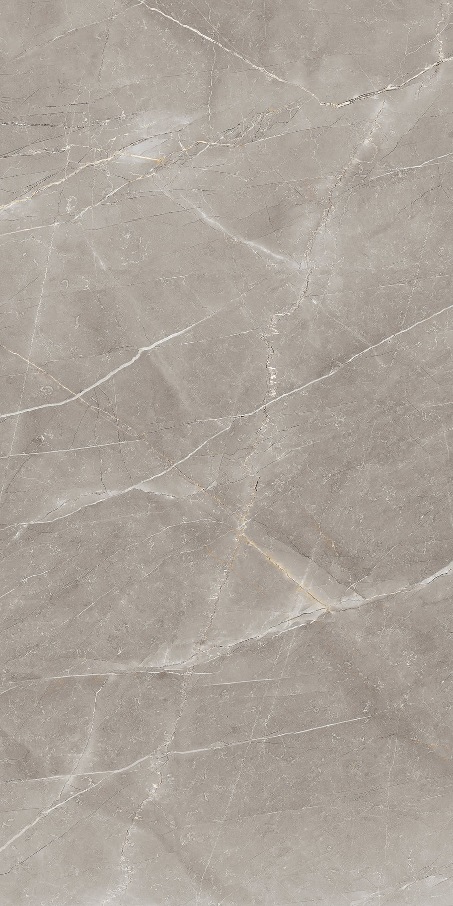Gray marble surface with subtle white and beige veining and natural cracks running diagonally across the stone, creating a textured and elegant appearance.