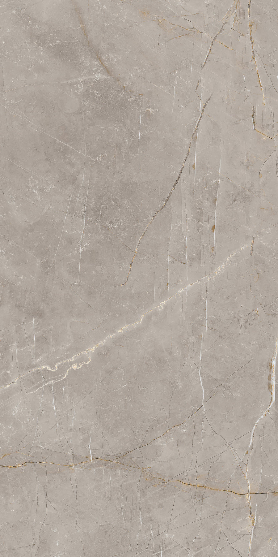 A close-up view of a smooth, gray stone surface with thin, irregular white and gold veining patterns running across it, resembling natural marble.