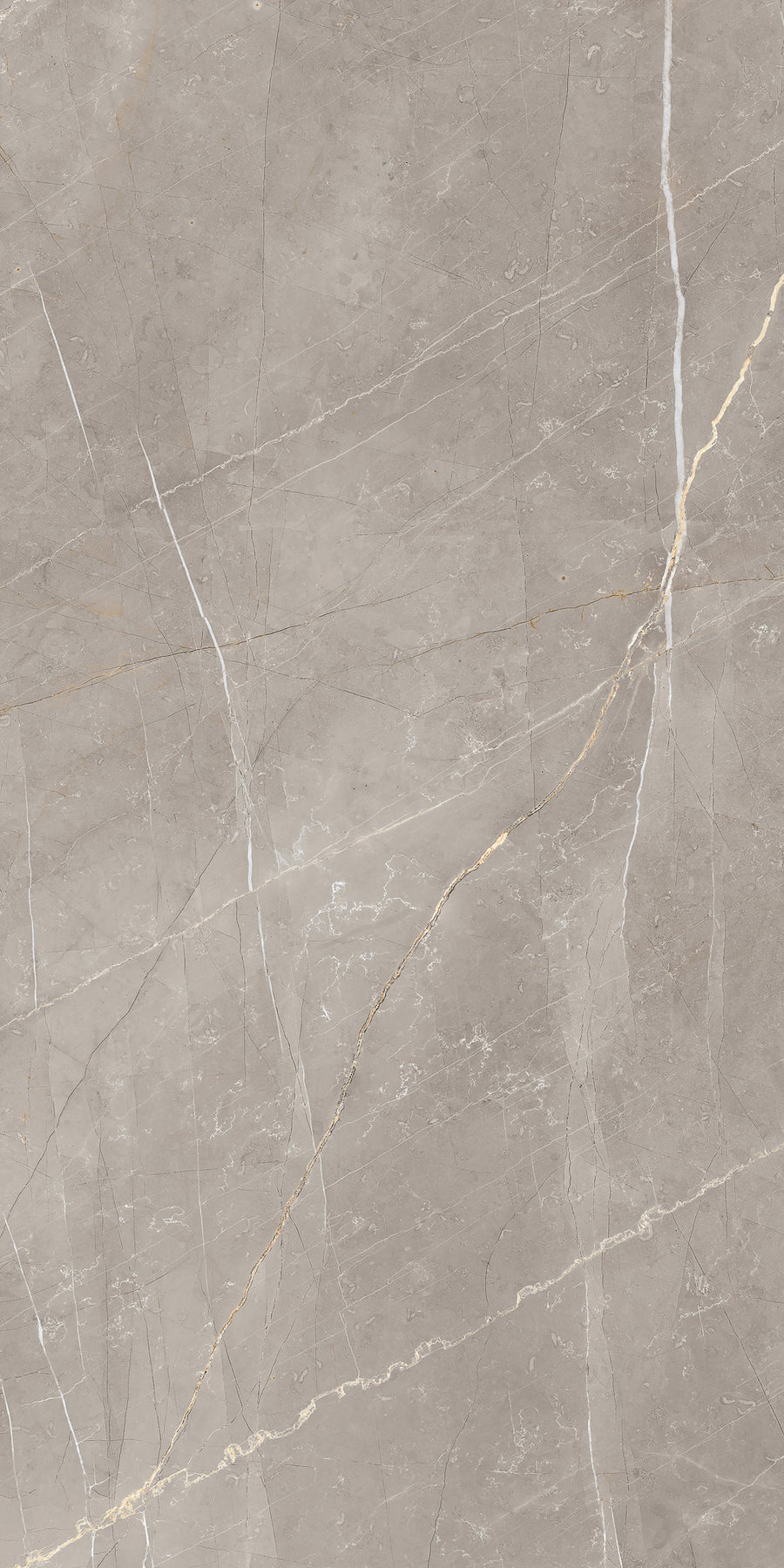 A smooth, light gray marble surface with thin, irregular white and gold veins running diagonally across it, creating a natural stone texture.