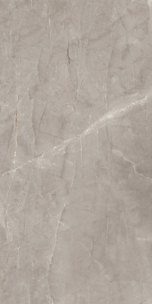 A slab of light gray marble with subtle white and beige veining and fine cracks running across the surface, creating a natural stone texture.