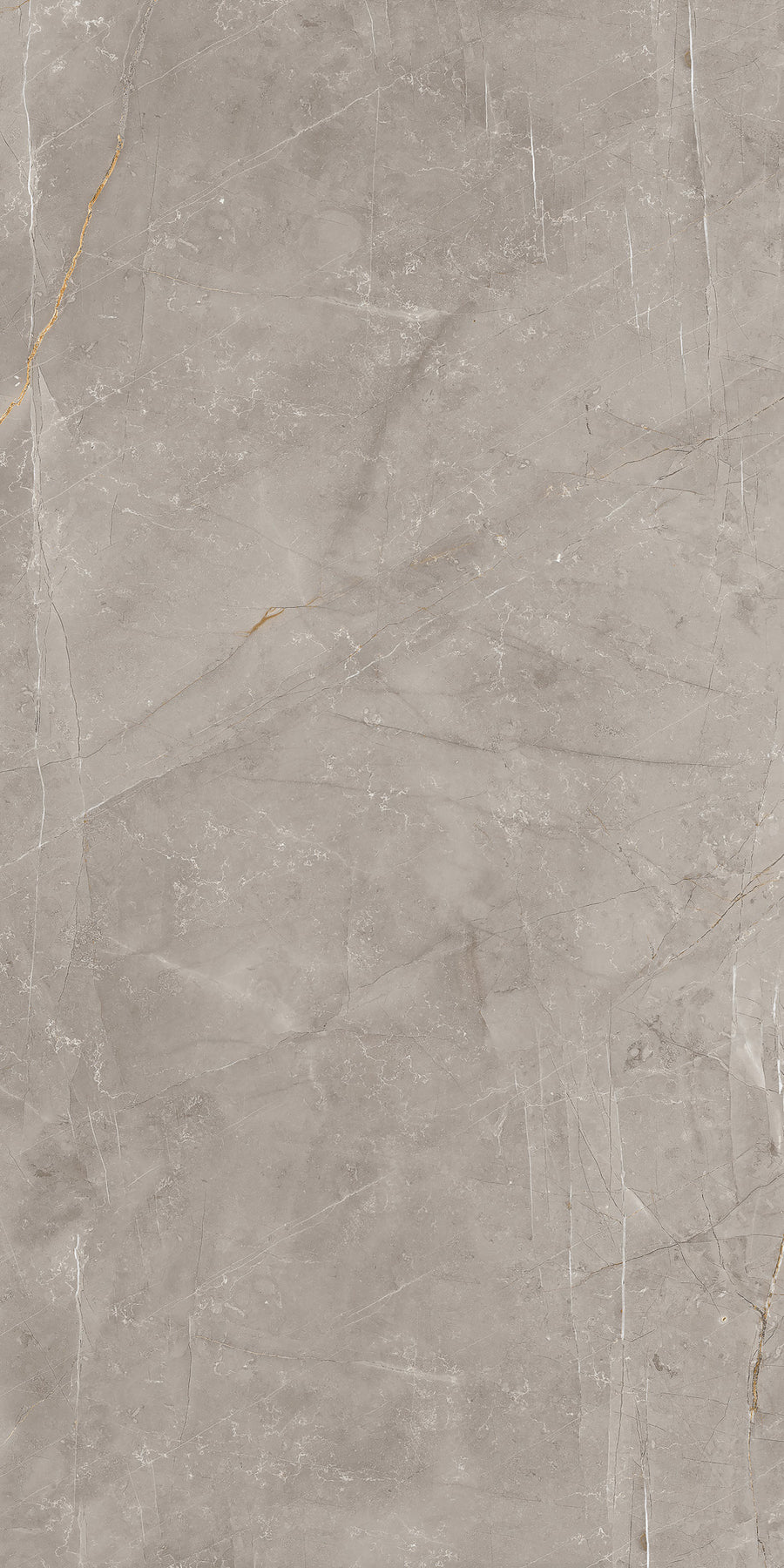 Gray marble surface with subtle white veining and a few thin, golden streaks. The texture is smooth, with natural variations in shade and faint cracks running throughout the stone.