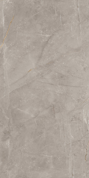Gray marble surface with subtle white veining and a few thin, golden streaks. The texture is smooth, with natural variations in shade and faint cracks running throughout the stone.