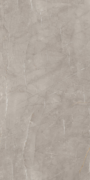 A close-up of a smooth, light gray marble surface featuring fine white and beige veins running throughout, with subtle texture and natural stone patterns.