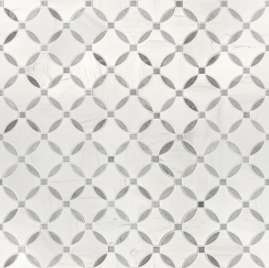 Palacial Bianco Dolomite Marble Mosaic features interlocking circles and petal shapes in white and gray, creating a modern, symmetrical design from premium natural stone.