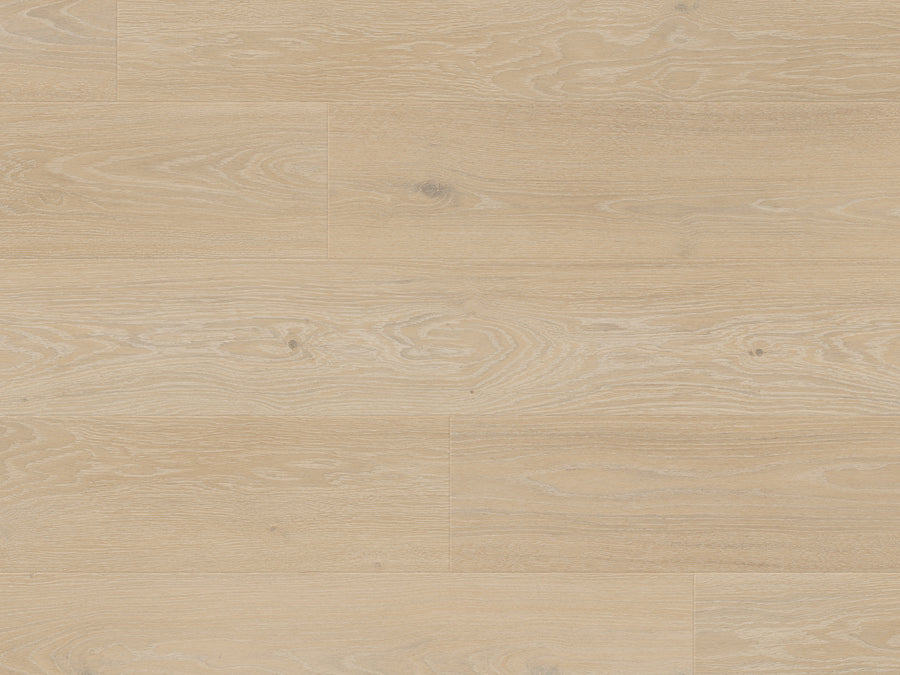 Art Select 9" Vinyl Plank in Pale Artisan Oak features a light wood look with natural grain and knots arranged in horizontal planks; this scratch-resistant vinyl offers stylish, durable flooring for busy spaces.