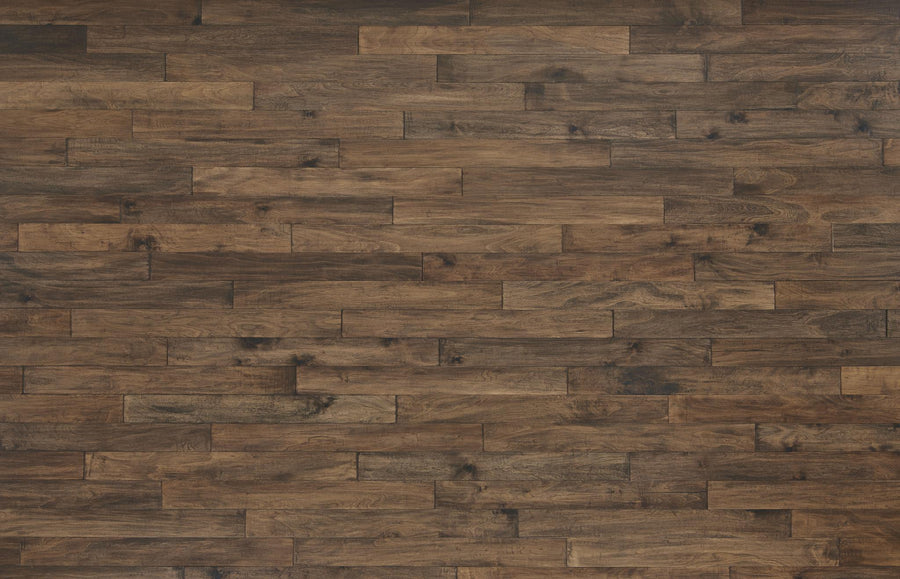 Dark brown wooden floor with horizontal planks, showing natural wood grain and texture, including knots and variations in color throughout the surface.
