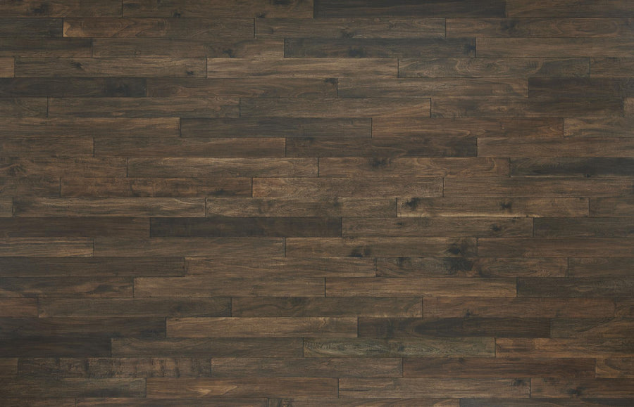 Dark brown wooden floor with horizontal planks, showing natural grain patterns and varying shades for a rustic, textured appearance.