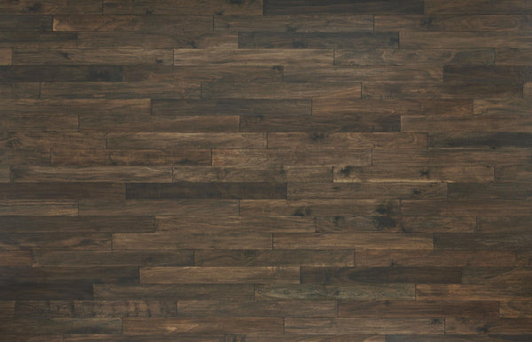 Dark brown wooden floor with horizontal planks, showing natural grain patterns and varying shades for a rustic, textured appearance.